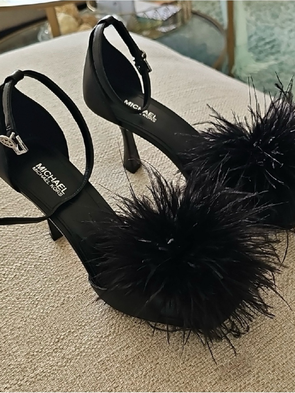 Michael Kors Black Feather Pom-Pom Slingback Heels